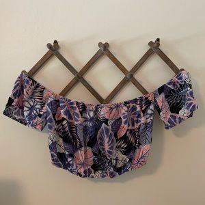 BOGO Off Shoulder, Tropical Leaf, Ruffle Crop Top with elastic hems